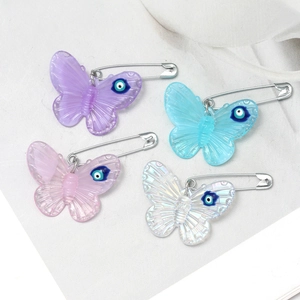 Fashion Butterfly Safety Pin Brooch Acrylic Evil Eye Pattern Alloy Pins For Women Men Clothing Jewelry Accessories Gift