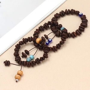 Ethnic coffee bean bead bracelet set with lucky evil eye and turquoise details