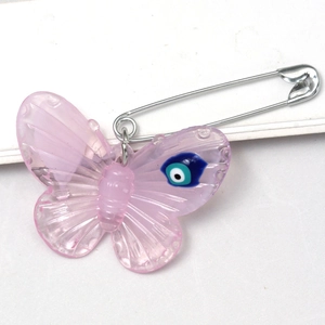 Chic acrylic butterfly pin with blue evil eye charm and large silver safety pin