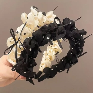 Vintage Polka Dot Bow Headband For Women Pleated Fabric Hair Hoop Retro Sweet Ruffle Hairband Daily Styling Hair Accessory