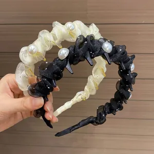 Elegante Cerchietto in Garza a Rete Pieghettato Con Künstliche Perle Sintetiche per Donna Stile Coreano Fascia per Capelli Antiscivolo