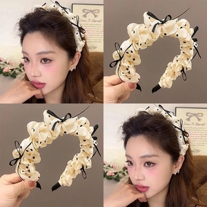Beige polka dot headband with pleated ruffles and black bows for women princess style