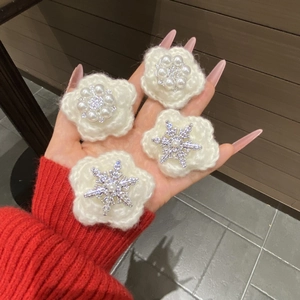 Winter snowflake handmade crochet hair clips set with pearls and silver flakes