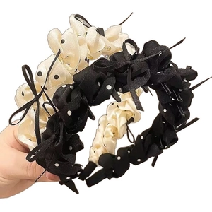 Retro beige polka dot headband set with pleated fabric and bow detail for women
