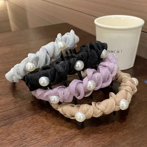 Stylish high-top padded headband set with braided fabric and pearls for women