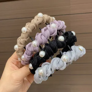French Elegant Fabric Pleated Headband With Faux Artificial Pearls And Anti-slip Teeth Sparkling Twisted Hair Band For Women Daily Styling