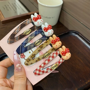 Set of four cute plaid rabbit ear hair clips with bows on pink display card