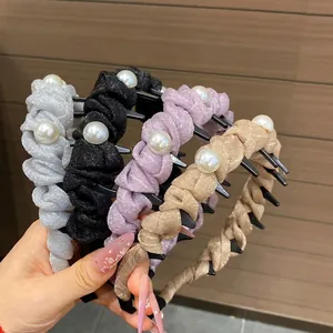 Chic pleated fabric headbands with large pearls in silver, black, purple, and gold colors