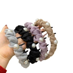 Padded headband set with mesh fabric and faux pearls in silver, black, purple, and gold