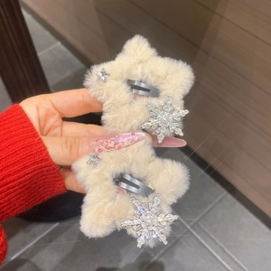 Faux Fur Star Hair Clips With Rhinestone Snowflake Artificial Pearl Alloy Side Clips Elegant Winter Hair Accessories For Women