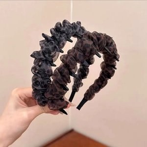 Leopard Print Pleated Mesh Headband For Women High Top Hair Band With Anti-slip Teeth Korean Style Fashion Hair Accessory