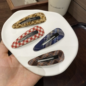 Set of four vintage blue plaid and leopard print fabric BB hair clips for women