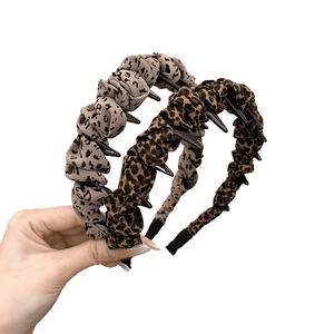 Set of two vintage leopard print fabric headbands with non-slip teeth for women