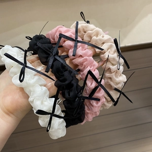 Serre-tête Doux Coréen en Tissu Plissé Avec Nœuds en Ruban Noir Bandeau Antidérapant à Dents pour Femme Accessoires Cheveux