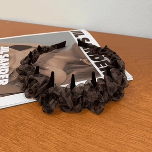 Close-up of leopard print sheer mesh headband with non-slip inner teeth detail