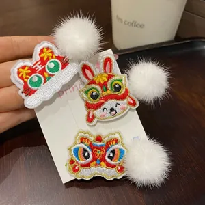 Chinese Style Embroidery Hair Clip For Women Children New Year Celebration Polyester Artificial Fur Pom Pom Lion Dance Hairpin