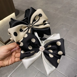 Elegant 13cm French satin bow hair claws with polka dots and camellia pearl accents