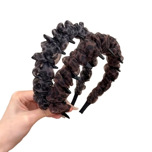 Brown and grey leopard print pleated headbands with non-slip teeth for women