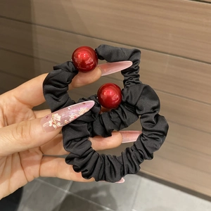 Simple Black Pleated Fabric Scrunchies Red Bead Decoration High Elastic Hair Ties Elegant Hair Accessories For Women