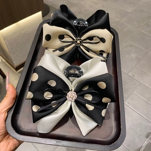 French Elegant Polka Dot Bow Hair Claw Clip With Camellia Flower Artificial Pearl Satin Fabric Large Hair Accessories For Women