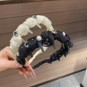 Elegant fabric wrapped headband set with pearls and rhinestones in black and cream white