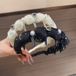 Black and cream fabric double-layer hairbands with pearls, rhinestones, and hair clips