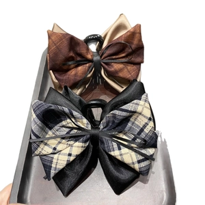 Elegant 13cm plaid ribbon bow hair claw clips set in brown and black for voluminous styling