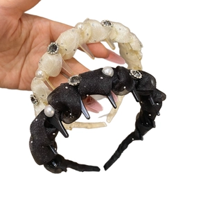 Elegant fabric wrapped headband with pearls and rhinestones in black and white styles