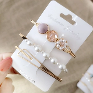 Set di 3 fermagli per capelli in stile coreano dorati con perle e perline viola a mano