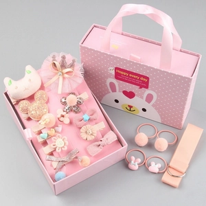 Roze haaraccessoires cadeauset voor meisjes met clips en elastiekjes in een schattige konijnendoos
