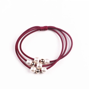 Elegant burgundy triple-strand hair elastic set with white faux pearls and gold beads