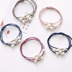 Women Elegant Elastic Hair Ties With White Faux Artificial Pearl Metallic Alloy Beads Multi Strand Rubber Band Hair Rope Accessories