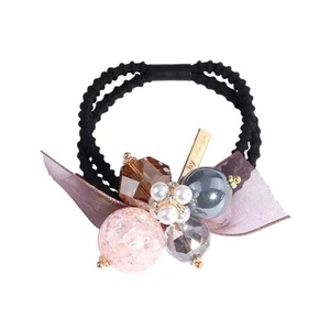 Élastique à cheveux noir avec nœud en organza rose et perles décoratives variées