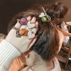 High elastic hair ties set with heart pearl charms and colorful faceted beads for women