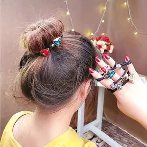 Elastic hair bands with geometric gemstone pendants in wine red, blue, and champagne