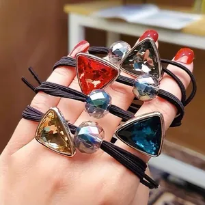 Minimalist Korean Style High Elastic Hair Tie For Women Artificial Crystal Triangle Alloy Edging Decorative Ponytail Holder