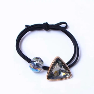 Minimalist black high-elastic hair tie with crystal bead and gray triangle gemstone decoration