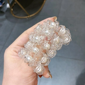 Set di elastici per capelli a spirale trasparenti con perle bianche stile coreano