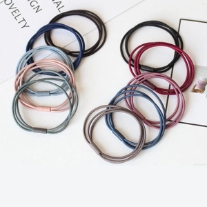 Multi-colored minimalist elastic hair tie set with triple-strand design and round connectors