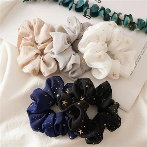 Women Chiffon Star Gold Stamping Scrunchies Handmade Pleated Starry Sky Hair Ties Sweet Elastic Hair Bands Hair Jewelry