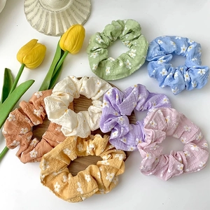 Korean Style Fresh Daisy Floral Print Scrunchie Pleated Seersucker Elastic Hair Band Sweet Pastoral Hair Ties For Women Daily Accessories