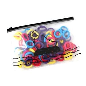 Colorful fabric hair ties set in a frosted translucent storage pouch with zipper
