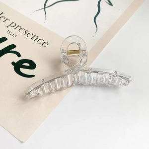 Détail d'une grande pince à cheveux en acrylique transparent avec ressort doré