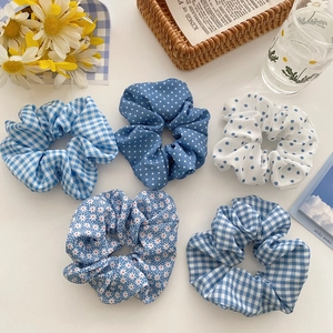 Chouchous Été Bleu Blanc à Carreaux Pois Floraux Pour Femmes Filles Élastiques à Cheveux En Tissu Vintage