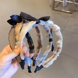 French Style Pleated Organza Headband For Women Elegant Mesh Hair Band With Bow Sweet Vintage Hair Hoop Daily Headwear