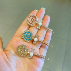 Lot de 3 barrettes à cheveux sucettes en strass rouge, bleu et doré avec perles