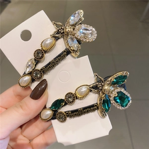 Vintage gold bee hair clip with green crystals, pearls and Sunflower engraving