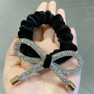 Elegant Black Velvet Rhinestone Bow Scrunchie Vintage Luxury Hair Tie Shiny Crystal Bowknot Hair Rope For Women Party Accessories