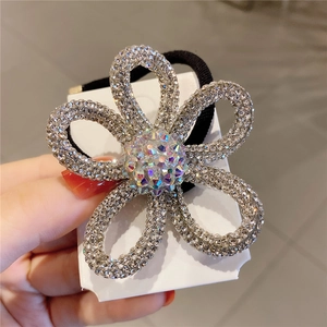 Elegant floral hair tie with sparkling rhinestones and crystal flower design for women