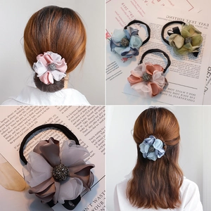 Chouchou Fleur en Mousseline et Maille Élégant Coréen Outil à Chignon Avec Strass Accessoires Cheveux Floraux pour Femme